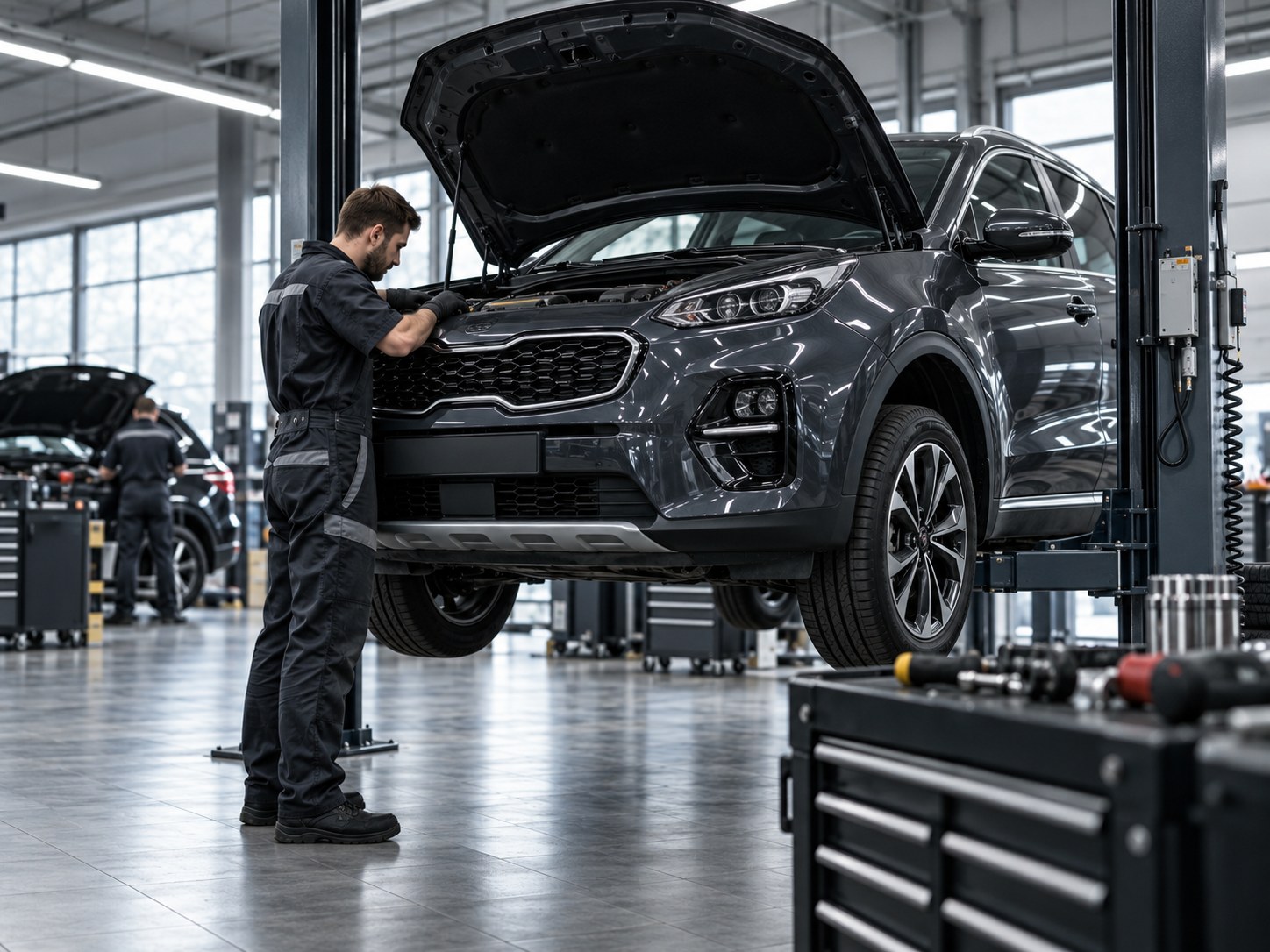 Иллюстративное фото автомобиля Kia в автосервисе